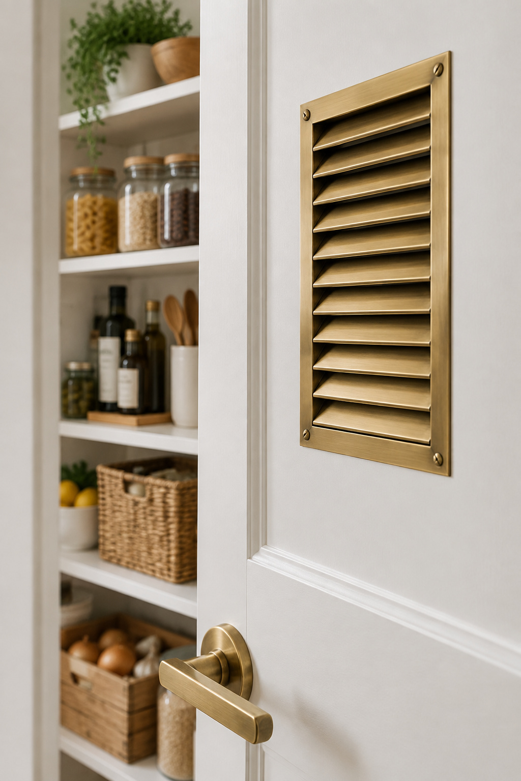Brass louvered vent grille set into a white-painted walk-in pantry door with shelving visible behind