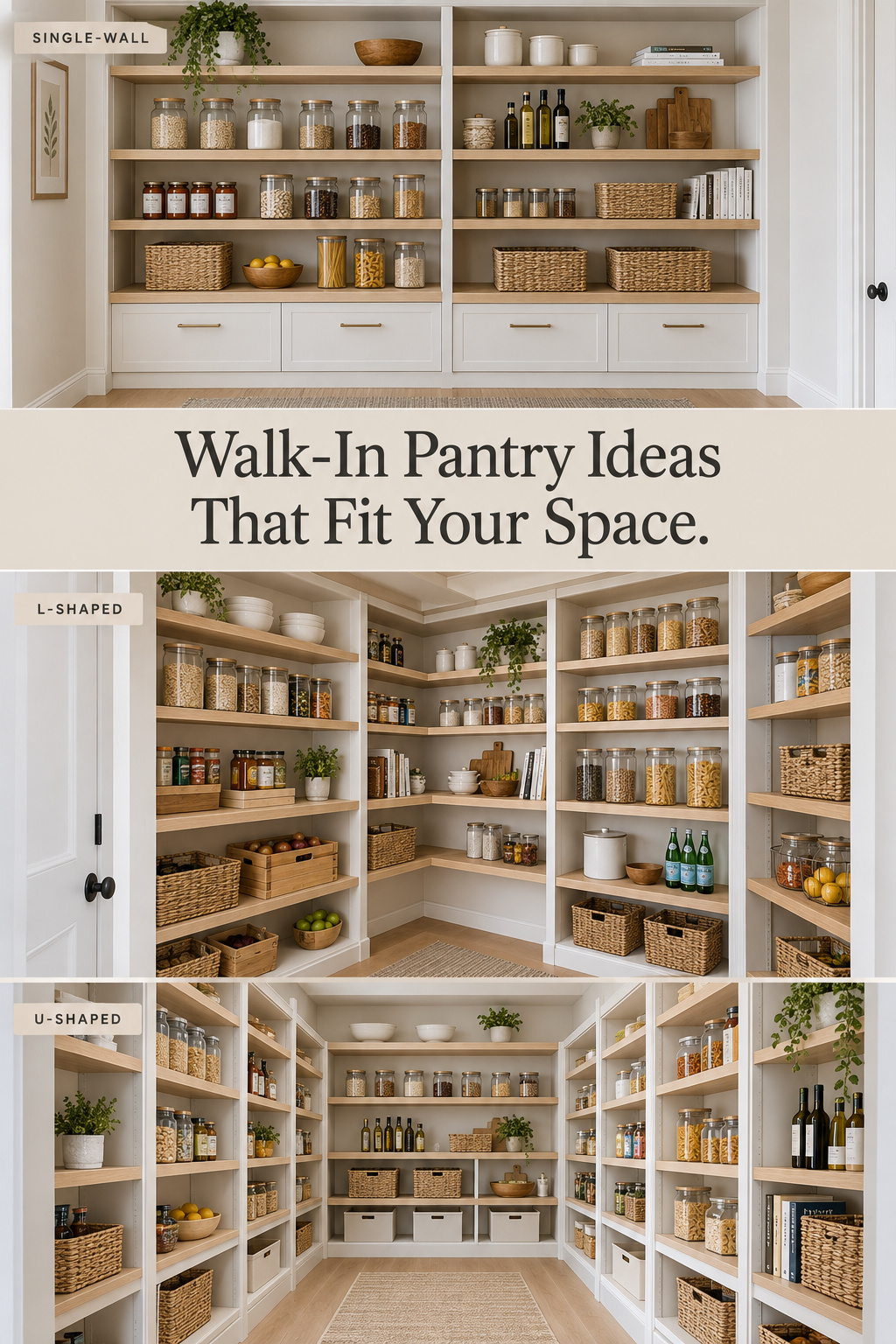 Pinterest collage comparing single-wall, L-shaped and U-shaped walk-in pantry shelving layouts