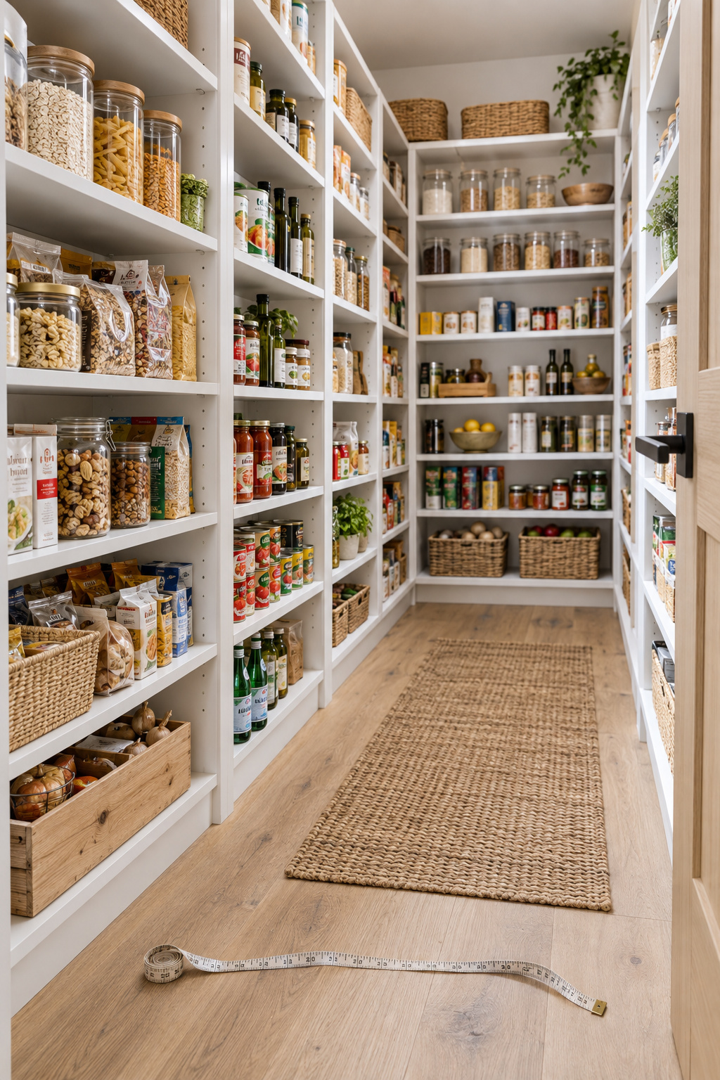 L-shaped walk-in pantry with white-painted shelving stocked with real food, viewed from the doorway across a clear aisle