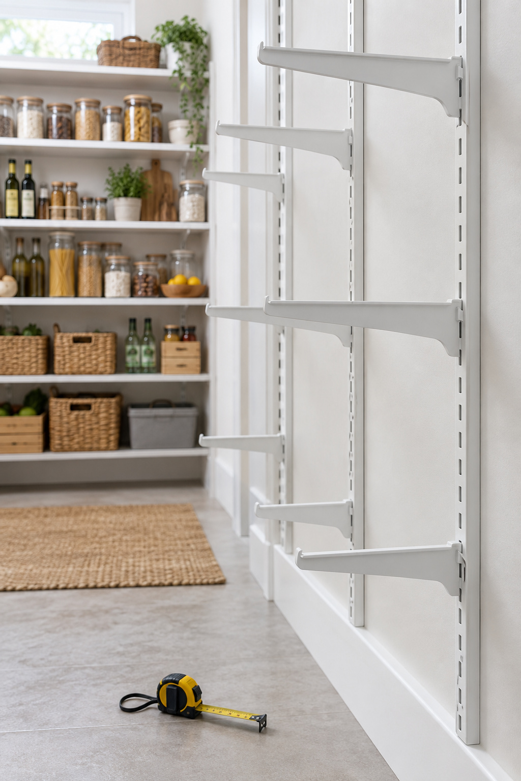 Empty white-painted shelf brackets and standards mounted on a walk-in pantry wall, ready for shelving
