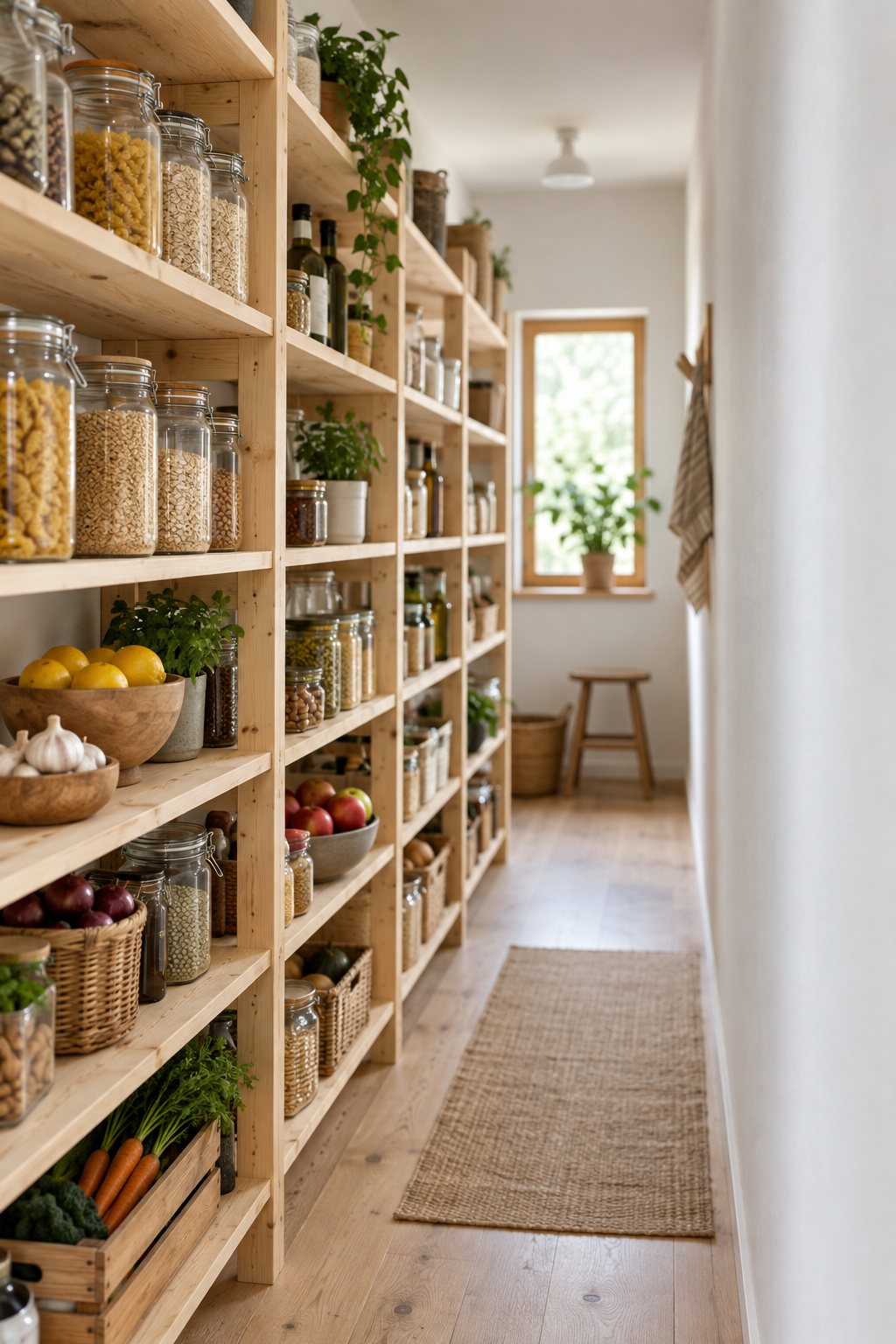 Single-wall run of natural pine pantry shelving stocked with packaged food in a narrow walk-in pantry