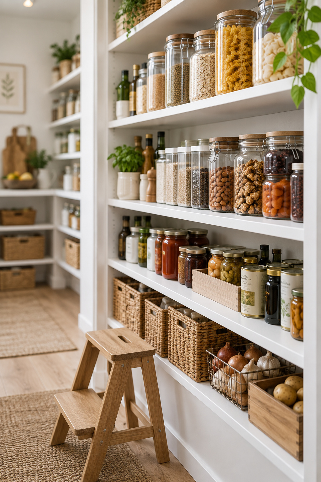 Floor-to-ceiling pantry shelves zoned with everyday goods at chest height, bulk items low, light items up top