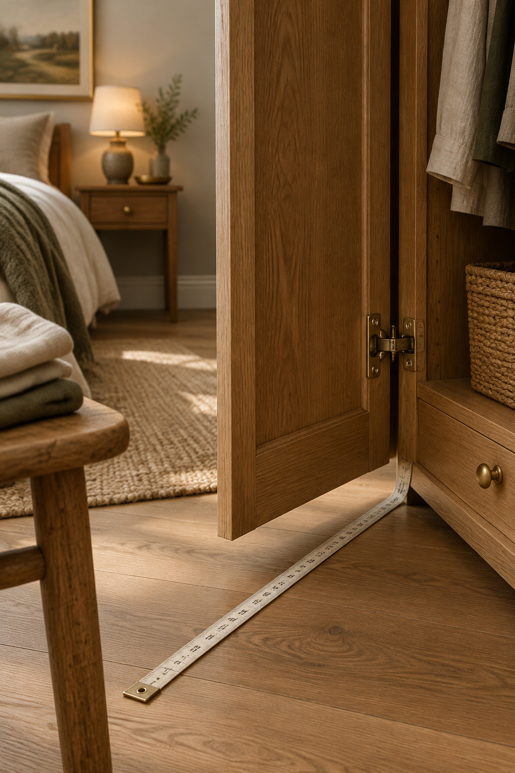 Tape measure marking the door-swing clearance in front of an open oak wardrobe