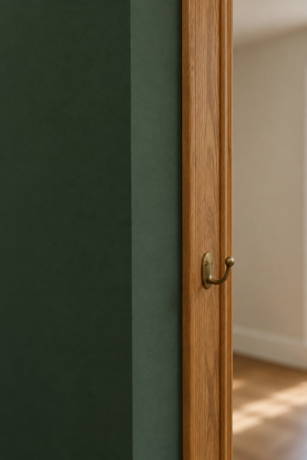 Close angled view of a matte deep bottle-green wall corner meeting warm oak trim in daylight