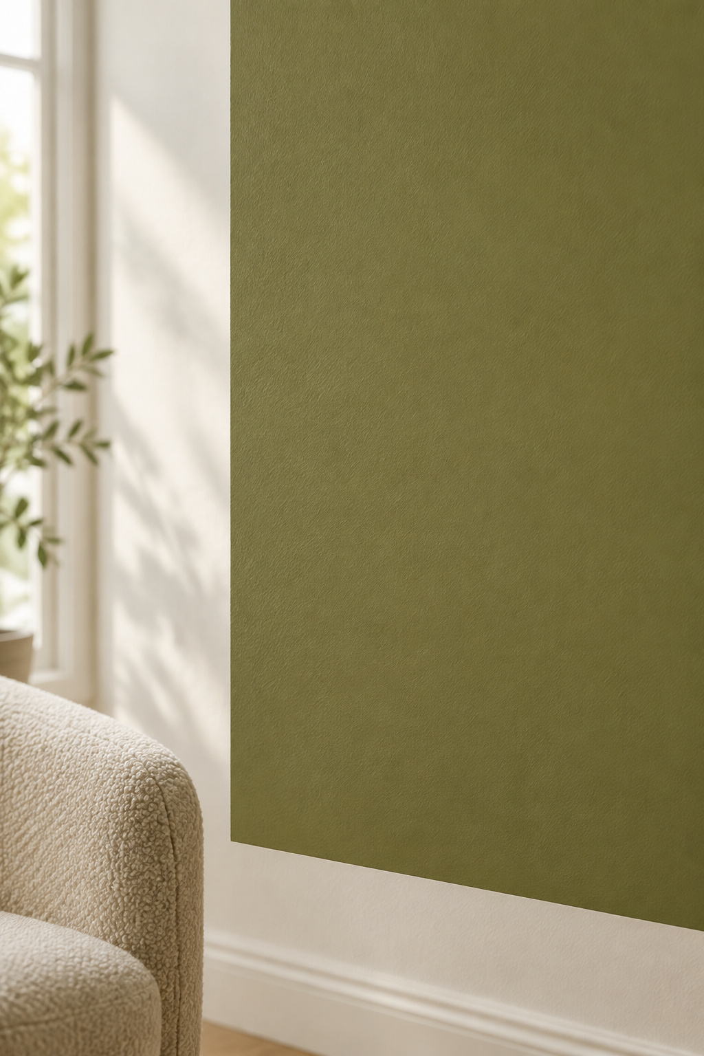 Large warm olive-green paint sample on a living room wall lit by daylight, holding its warmth against a warm white surround