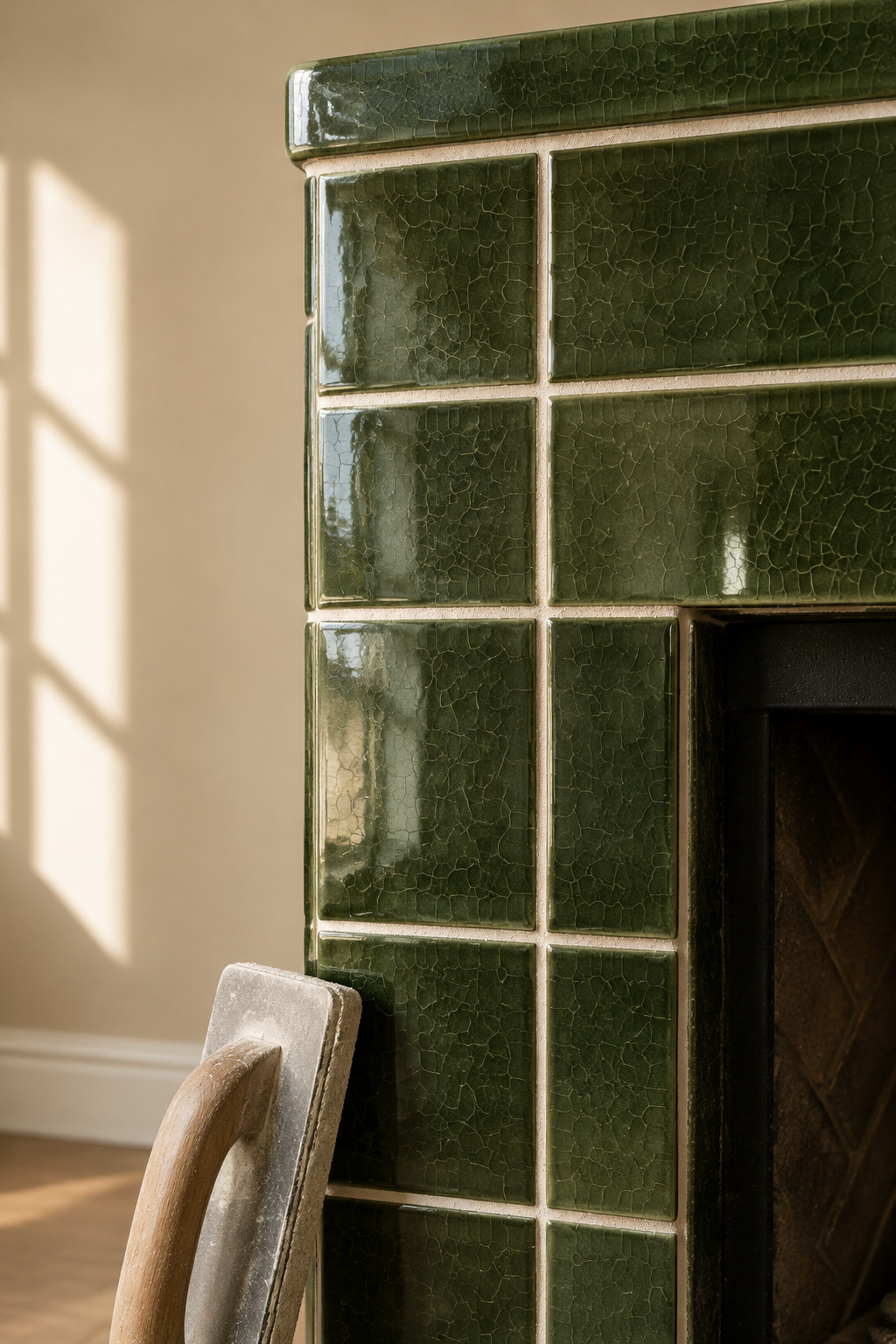 Close-up of warm white grout lines against bottle-green crackle-glaze tile on a fireplace surround
