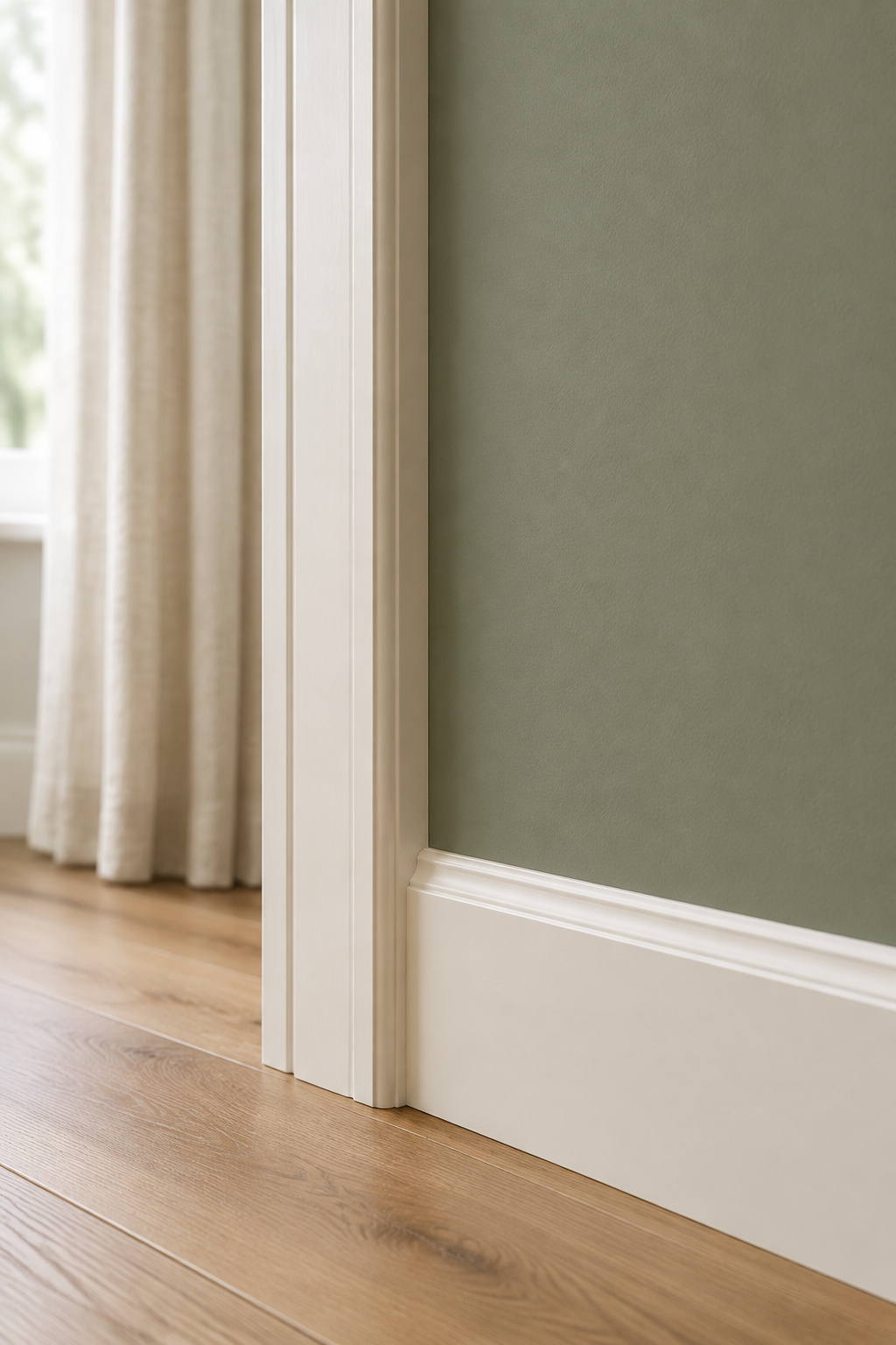 Warm white trim and baseboard meeting a sage green living room wall in daylight