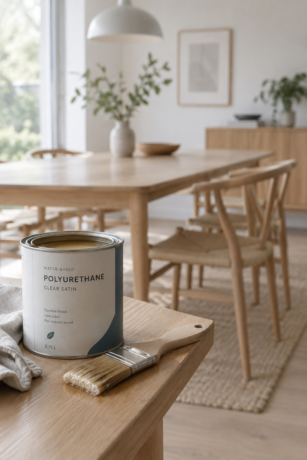 Foam brush applying a clear water-based topcoat over a gray-washed dining tabletop, keeping the finish cool rather than amber