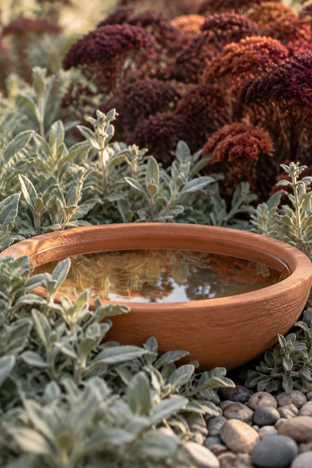 Unglazed terracotta water dish set among dense silvery foliage and deep-plum blooms as wildlife cover