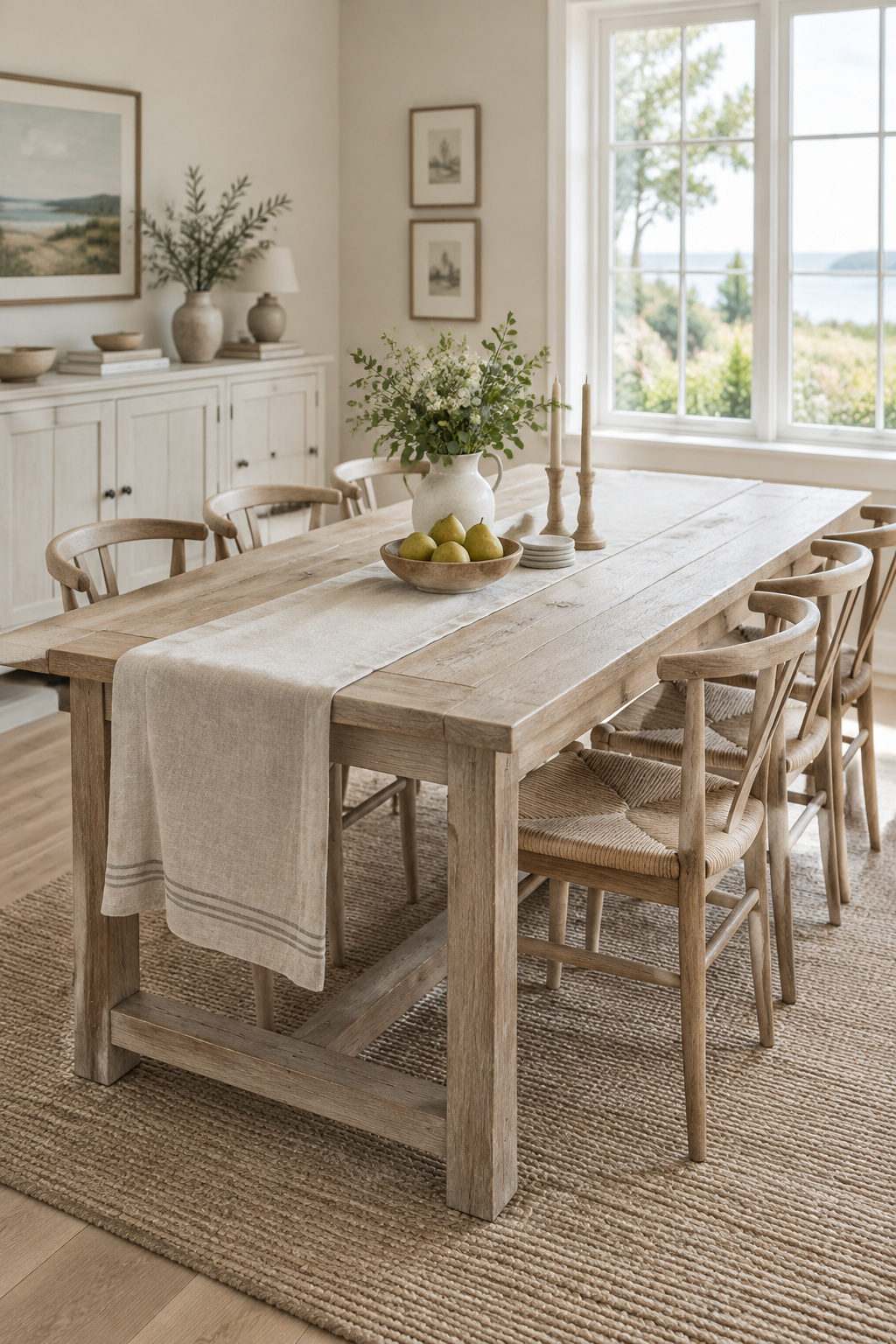 Gray-washed pine dining tabletop with visible wood grain on a cream-painted trestle base, lit by mid-morning side light