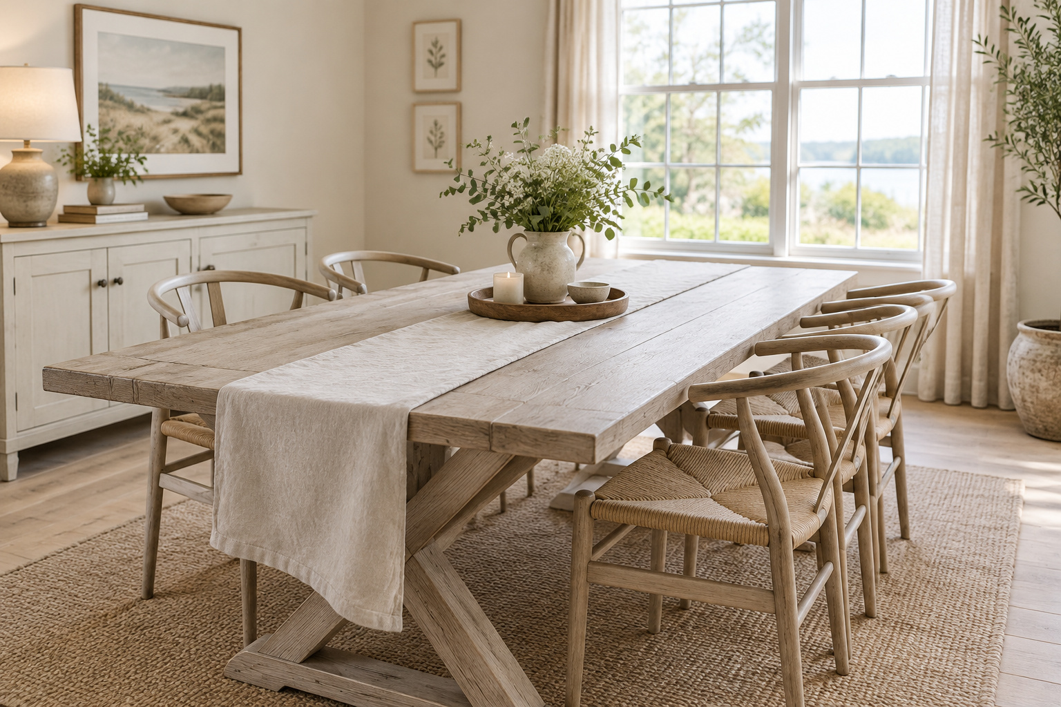 Gray-washed pine dining tabletop with visible wood grain on a cream-painted trestle base, lit by mid-morning side light