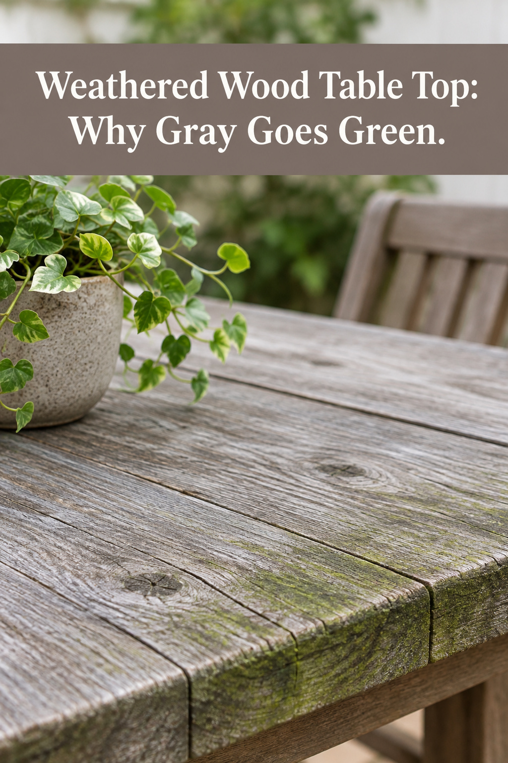 Three-panel Pinterest pin showing sanding, mid-process gray wash with tape line, and a finished weathered gray dining table top