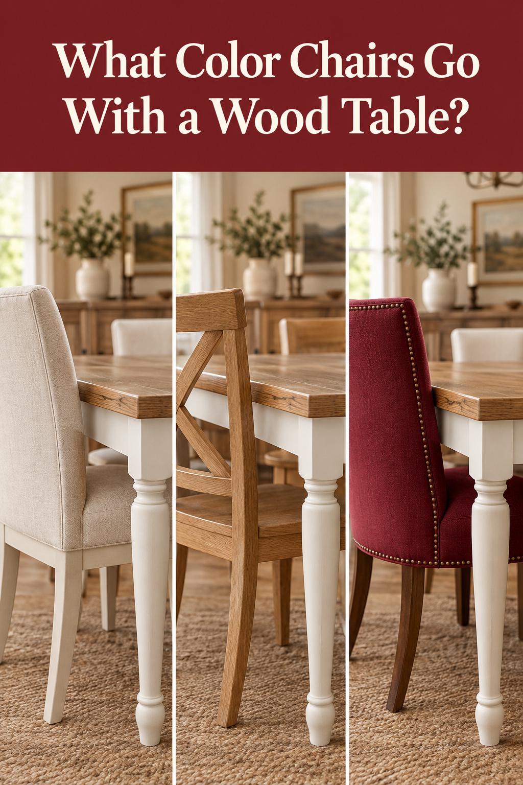 Pinterest pin showing three ways to choose dining chair color for a two-tone wood table: matching the base, matching the top, or a cranberry accent pair