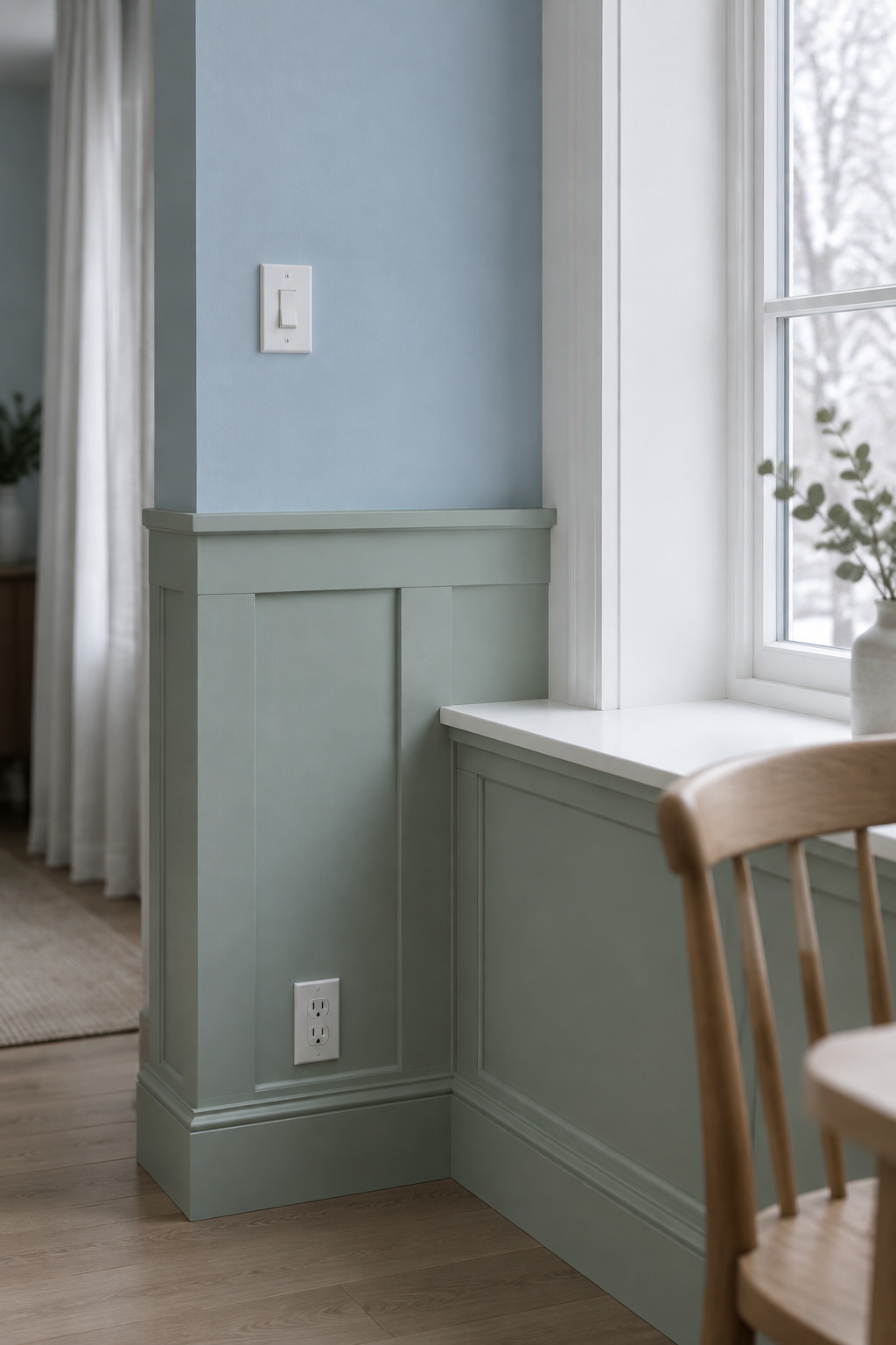 Celadon wainscot cap meeting a white window stool at the same height beside an outlet low on the panel and a switch plate above