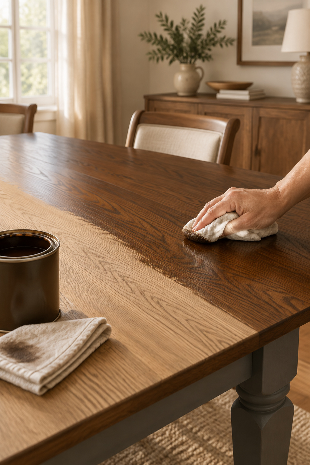 Oil-based walnut stain being wiped onto a tabletop with a lint-free rag, following the wood grain