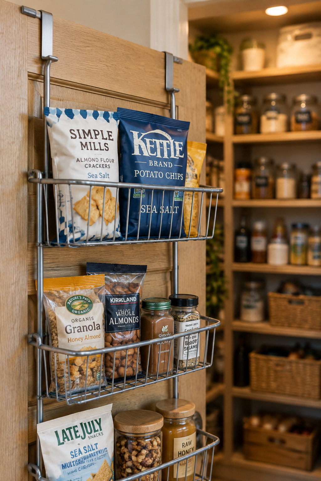 Steel wire over-the-door rack mounted on a pantry door holding snack bags and small jars in wire baskets
