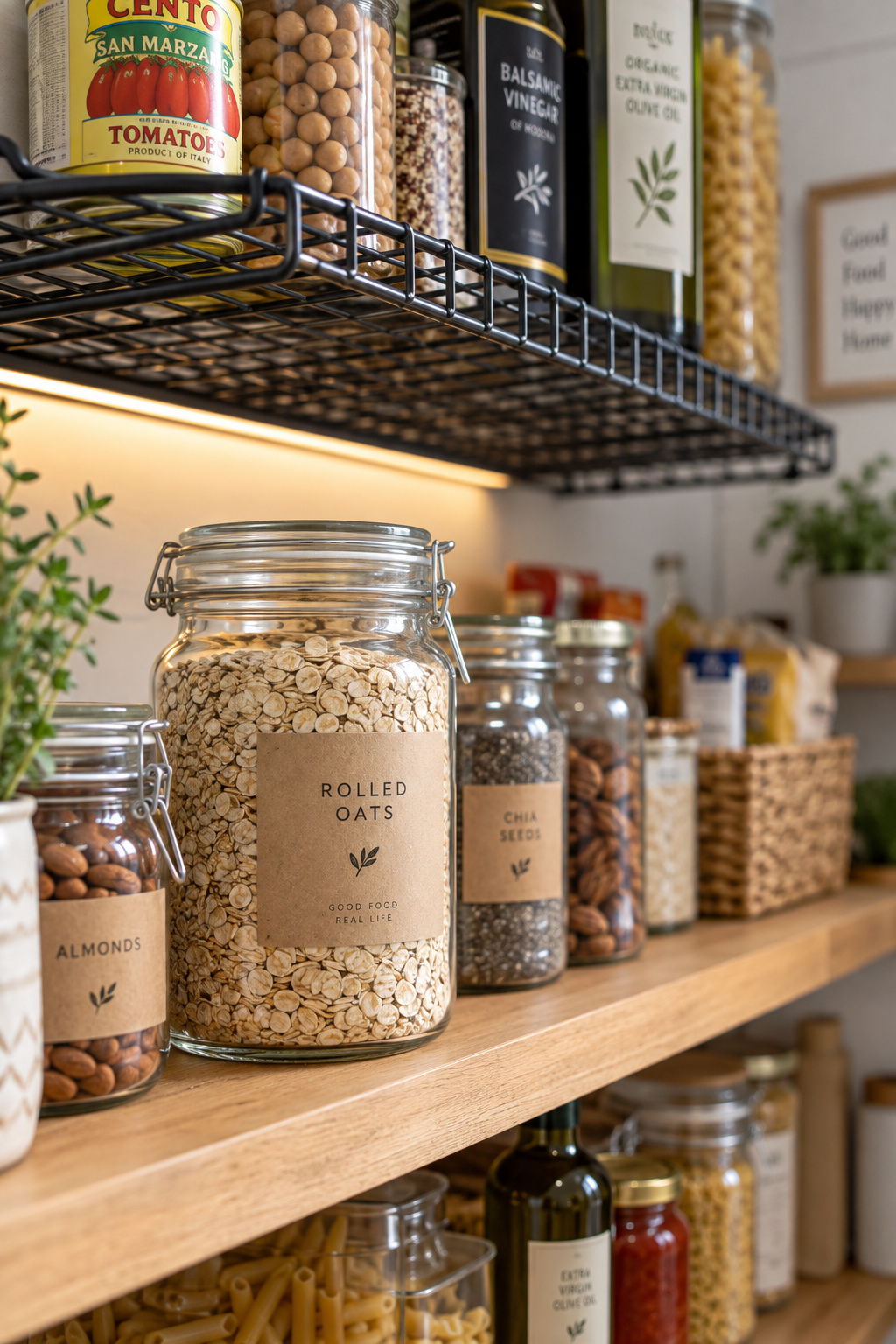 White wire pantry shelf above a solid wood pantry shelf, both stocked with canned goods and pantry staples