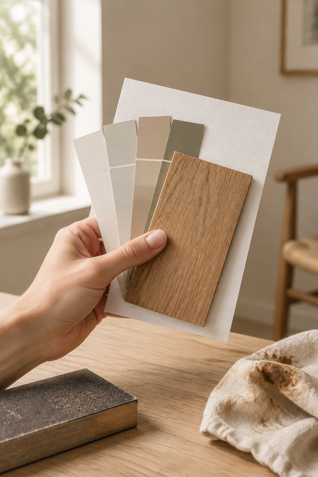 Paint chips and a raw wood sample held against white paper in daylight to compare undertones