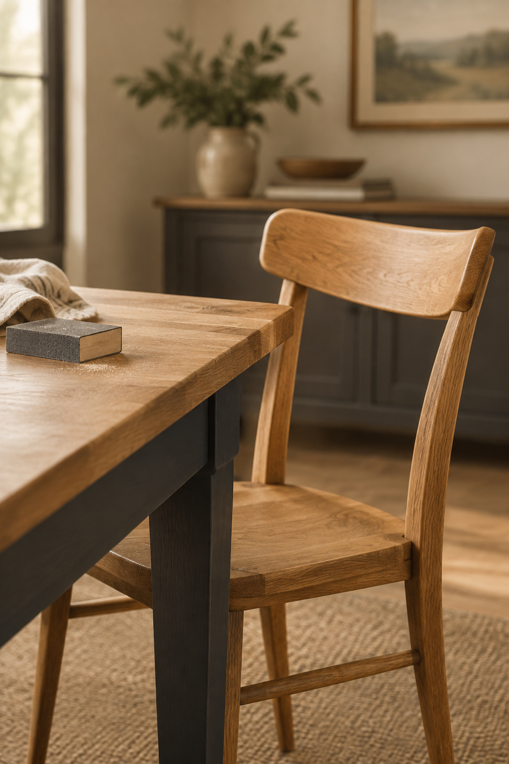 Warm oak dining chair with grain that matches the undertone of a two-tone oak and charcoal dining table