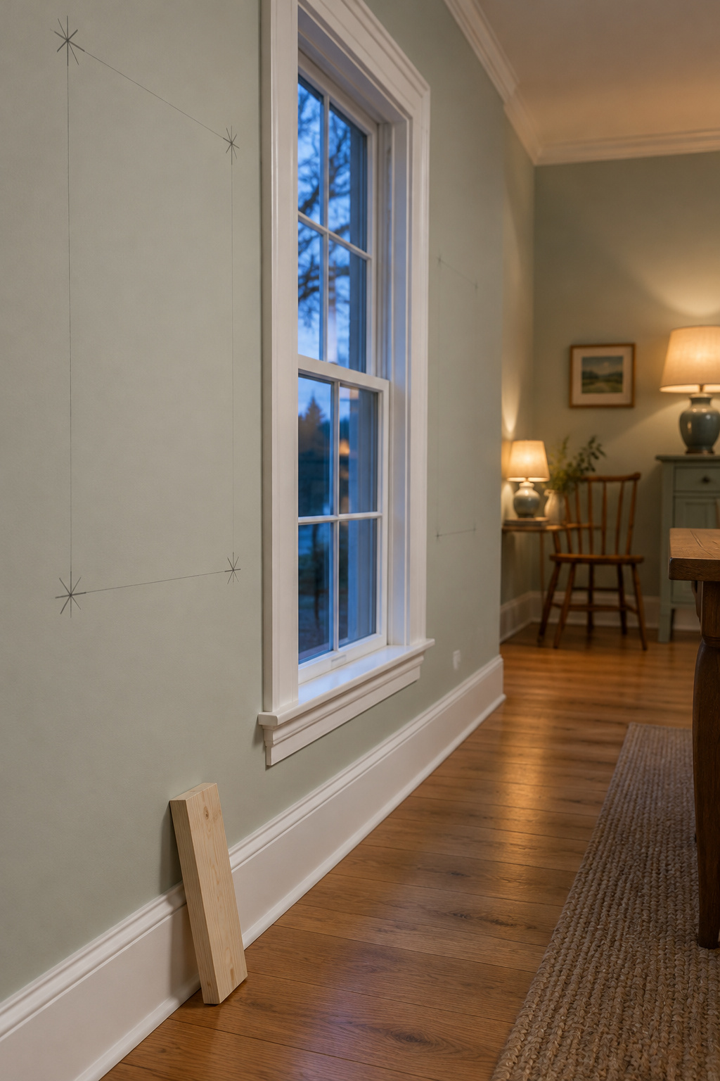 Primed dining room wall with pencil crosshatch marks for picture frame molding boxes either side of a white-cased window