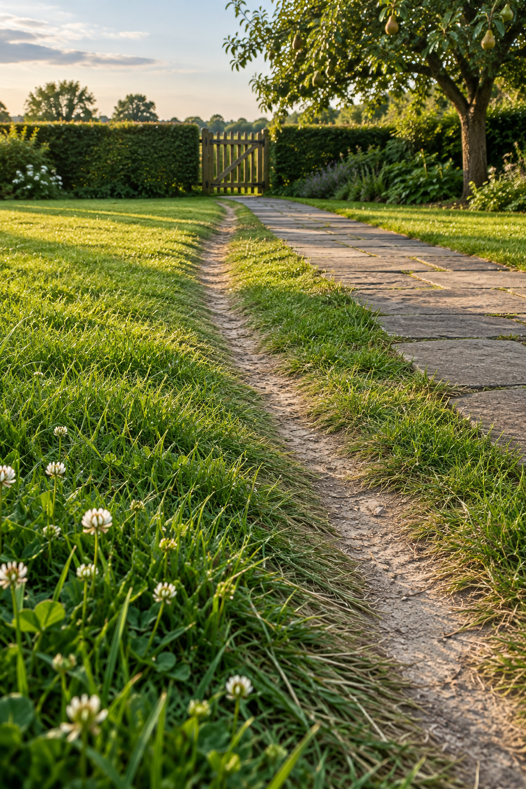 A narrow strip of pressed-down grass and pale bare earth cutting the corner beside a laid flagstone path, leading toward a timber gate in a hedge at evening