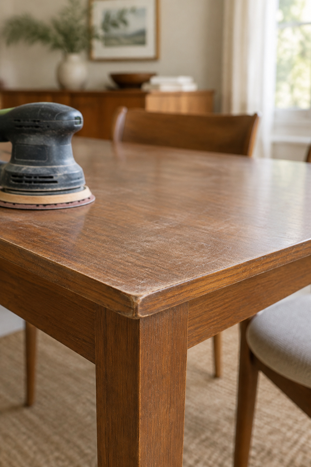 Worn veneer dining table corner with dulled finish and a random-orbital sander resting nearby before refinishing