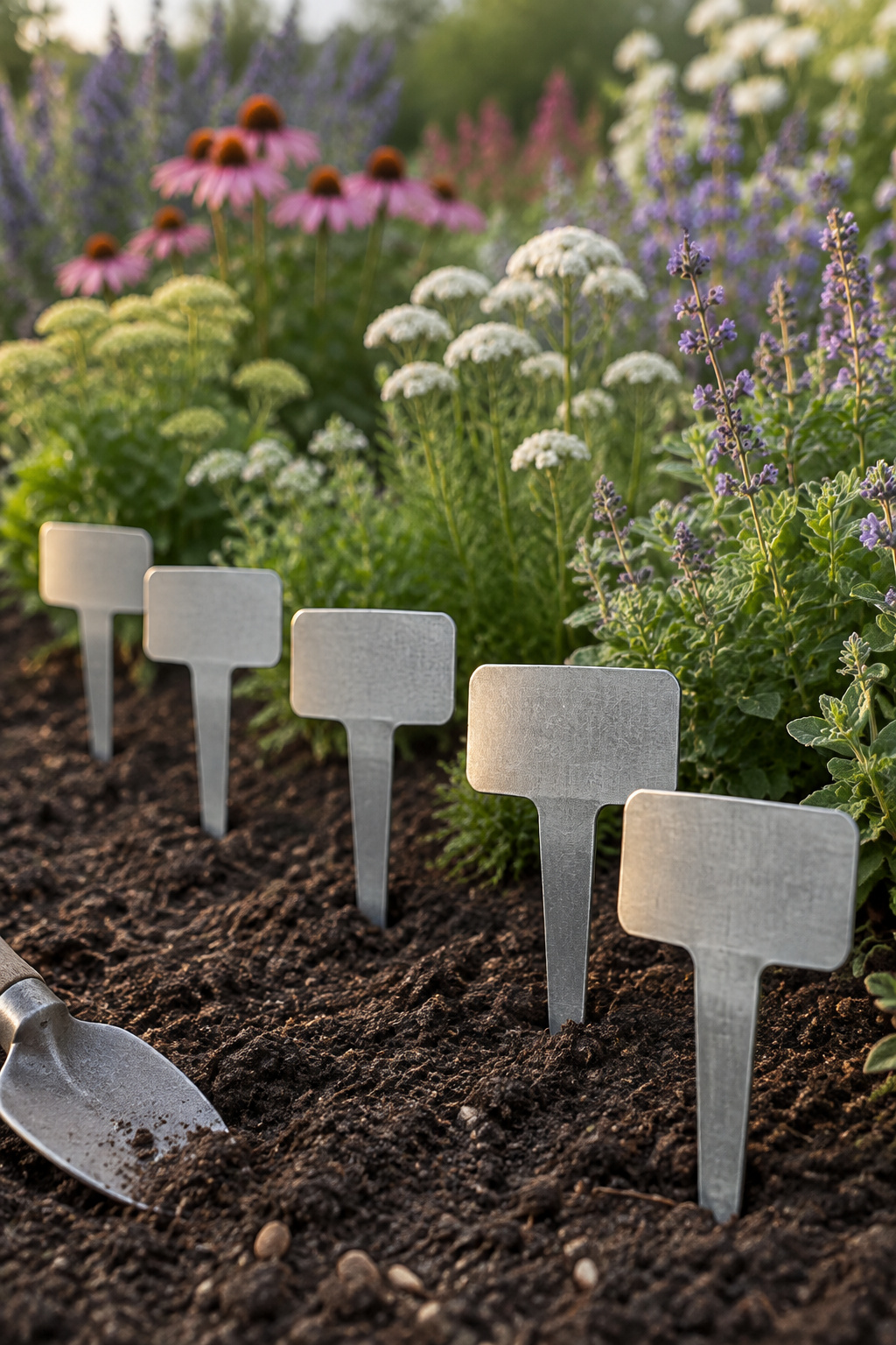 Blank zinc plant markers pressed into soil in front of a layered mixed border, each marking a different bloom-window planting group
