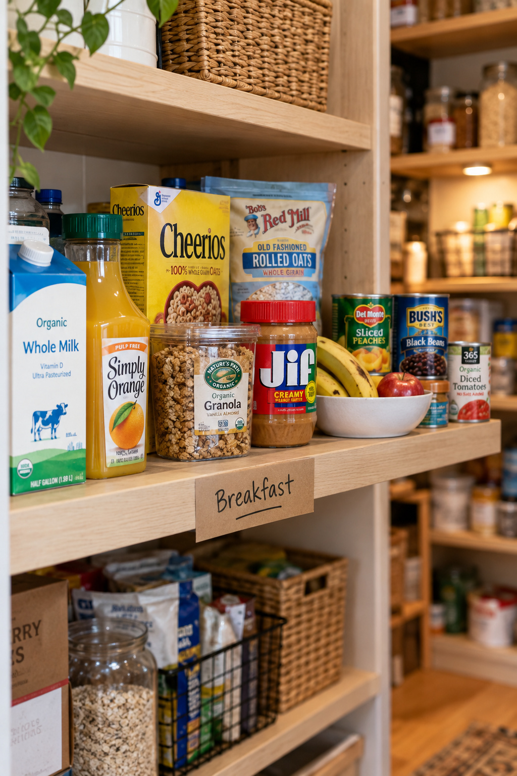 A pantry shelf with drinks, breakfast foods, and canned goods grouped into distinct labeled zones