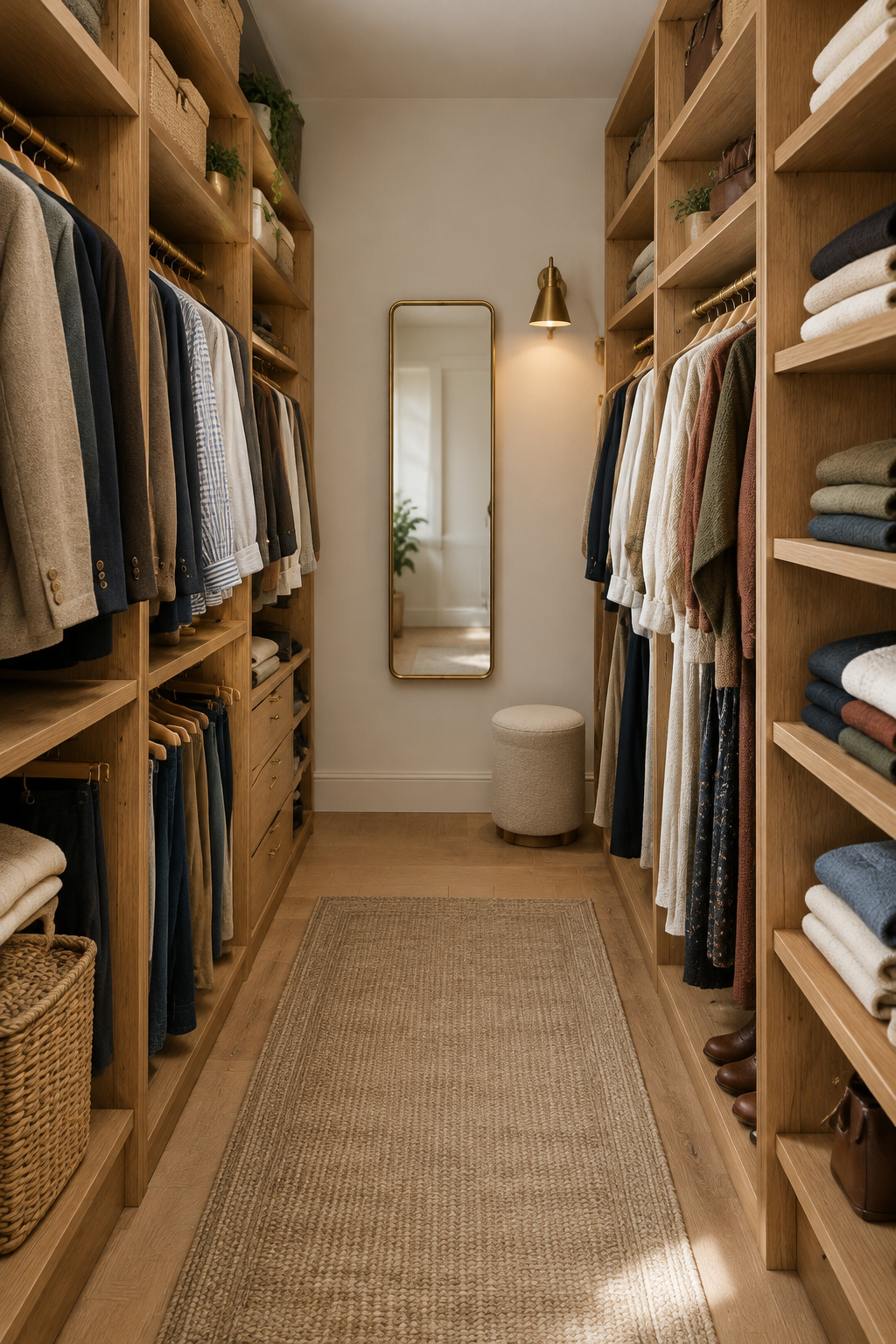 Zoned walk-in closet with oak shelving, hung garments by category, folded knits and woven rattan bins